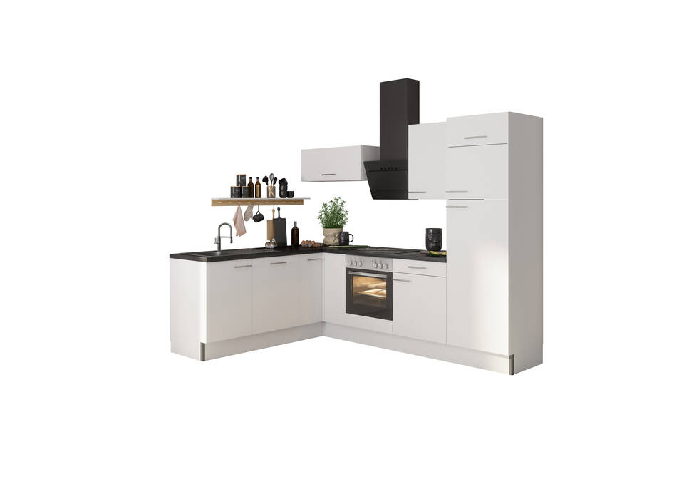 OPTIFIT L-Küche ohne Geräte in Weiß & Beton dunkel: 200x270 cm, 470 cm, flexibel stellbar | Winkelküche "OFK2720R8-1-0"