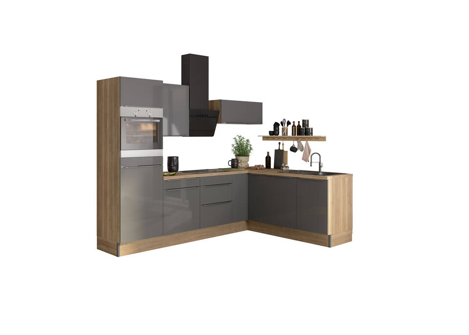 OPTIFIT L-Küche ohne Geräte in Anthrazit Glanz & Eiche Struktur: 270x200 cm, 470 cm, flexibel stellbar | Winkelküche "OFK2720LA8-8-0" / Bild 2