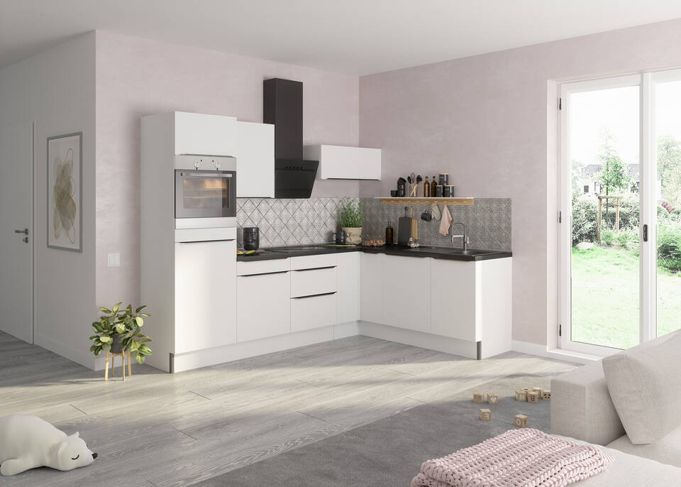 OPTIFIT L-Küche ohne Geräte in Weiß Glanz & Beton dunkel: 270x200 cm, 470 cm, flexibel stellbar | Winkelküche "OFK2720LA8-7-0"