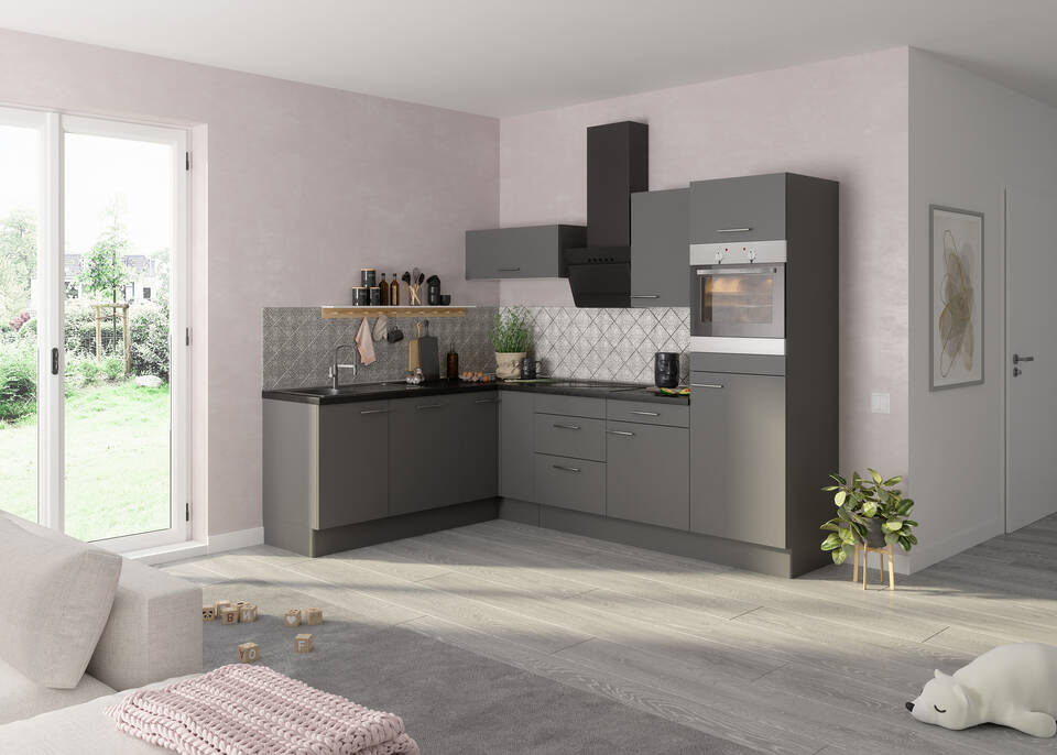 OPTIFIT L-Küche ohne Geräte in Basaltgrau & Beton dunkel: 200x270 cm, 470 cm, flexibel stellbar | Winkelküche "OFK2720RA8-4-0"