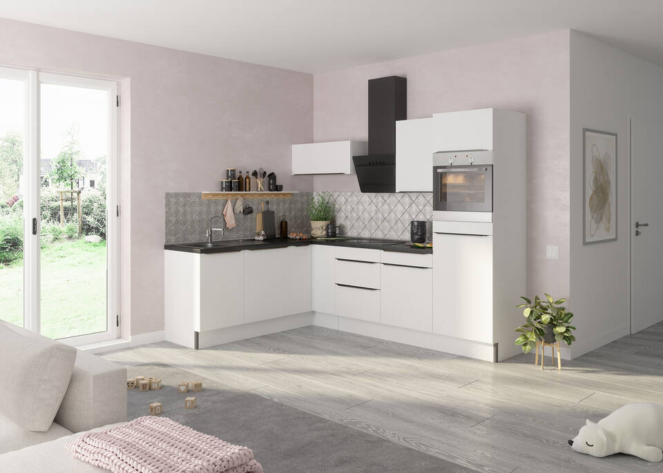 OPTIFIT L-Küche ohne Geräte in Weiß Glanz & Beton dunkel: 200x270 cm, 470 cm, flexibel stellbar | Winkelküche "OFK2720RA8-7-0"