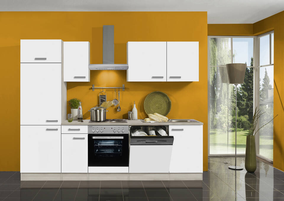 OPTIFIT Küchenzeile ohne Geräte in Weiß & Akazie: 270 cm, flexibel stellbar | Singleküche "OFK27029-2-0" / Bild 1