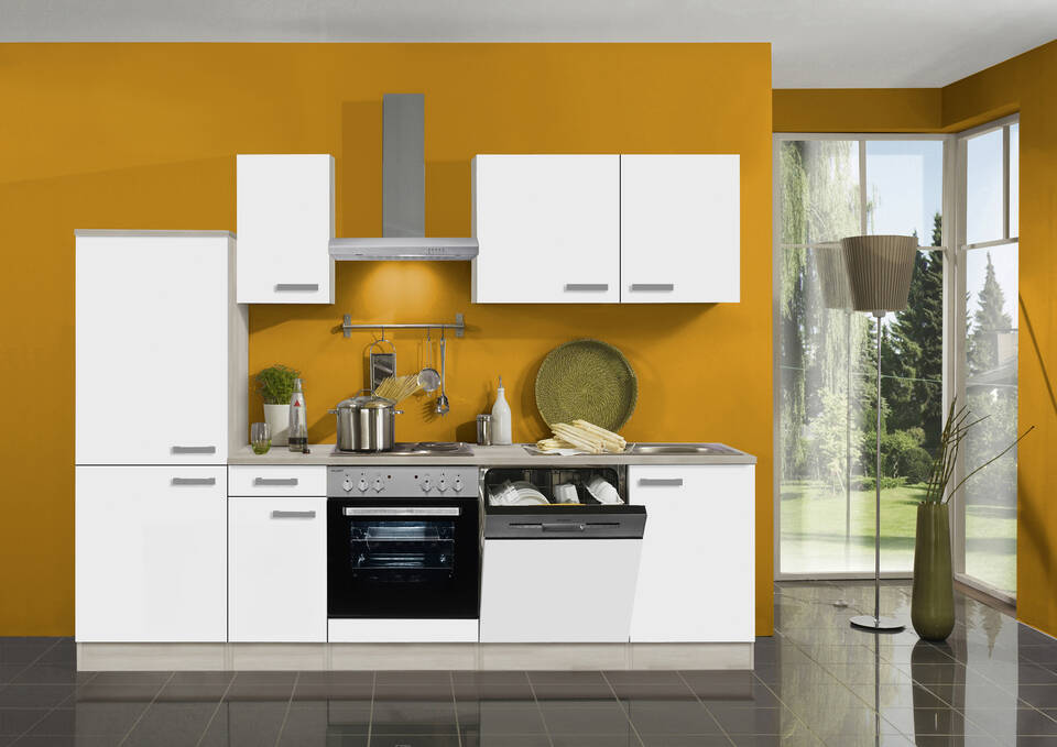 Küchenzeile "OFK27429-2-0" ohne Geräte: Weiß Feinstruktur - Akazie, 270cm / Bild 1