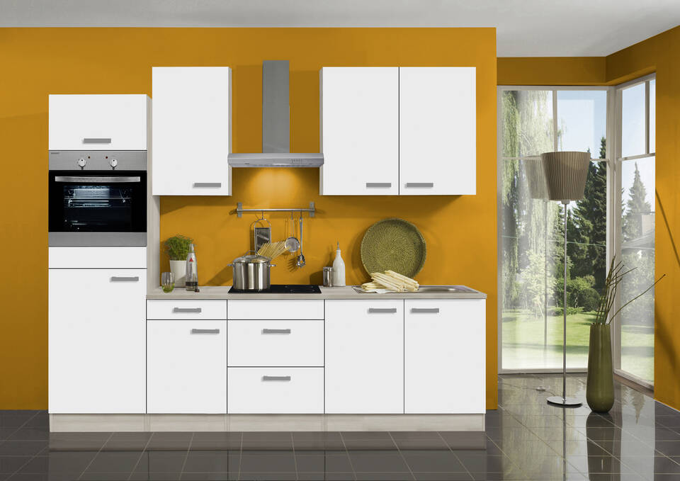 OPTIFIT Küchenzeile ohne Geräte in Weiß & Akazie: 270 cm, flexibel stellbar | Singleküche "OFK27739-2-0"