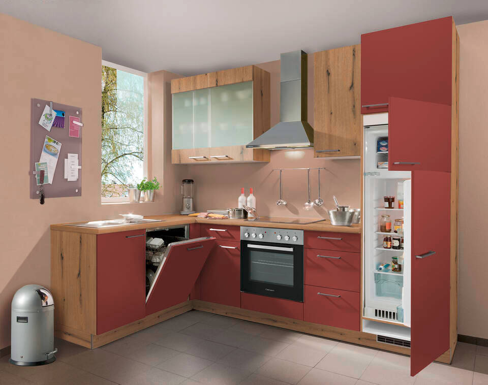L-Küche "EXK700-1-0" ohne Geräte: Karminrot - Eiche astig - Eiche astig, 470cm