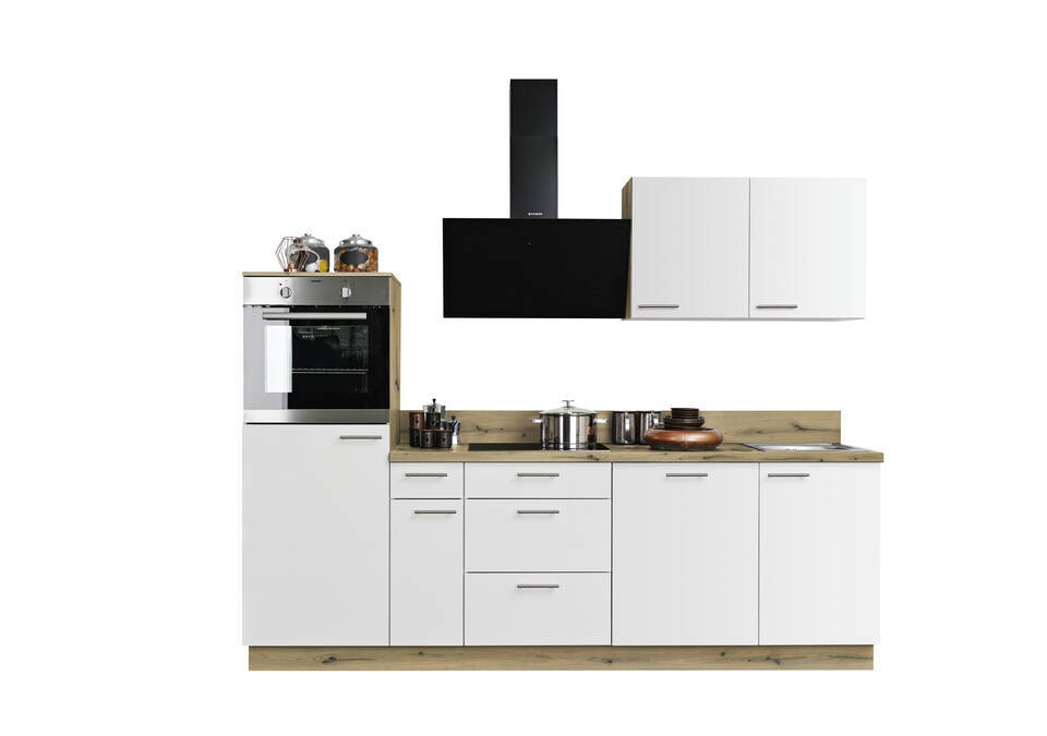 Küchenzeile "EXK940-4-0" ohne Geräte: Lacklaminat Weiß - Eiche astig, 260cm / Bild 2