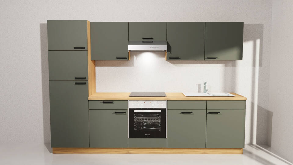 Küchenzeile "EXK1090-5-0" ohne Geräte: Dunkelgrün - Eiche astig, 300cm