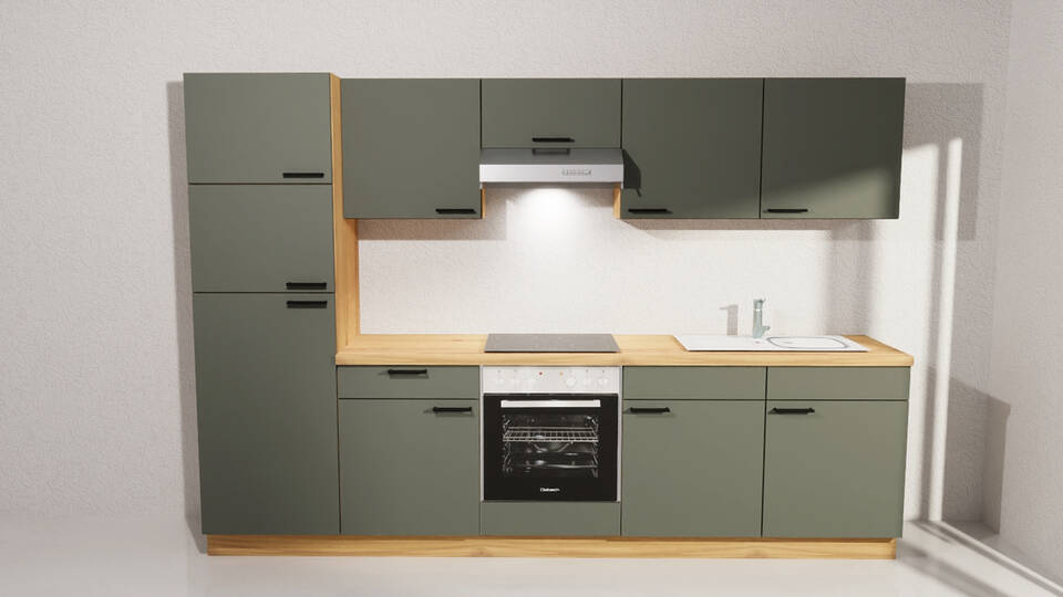 Küchenzeile "EXK1100-5-0" ohne Geräte: Dunkelgrün - Eiche astig, 300cm