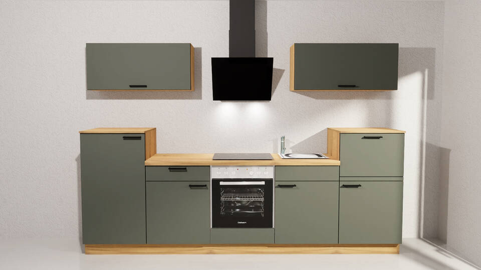 Küchenzeile "EXK1110-5-0" ohne Geräte: Dunkelgrün - Eiche astig, 300cm
