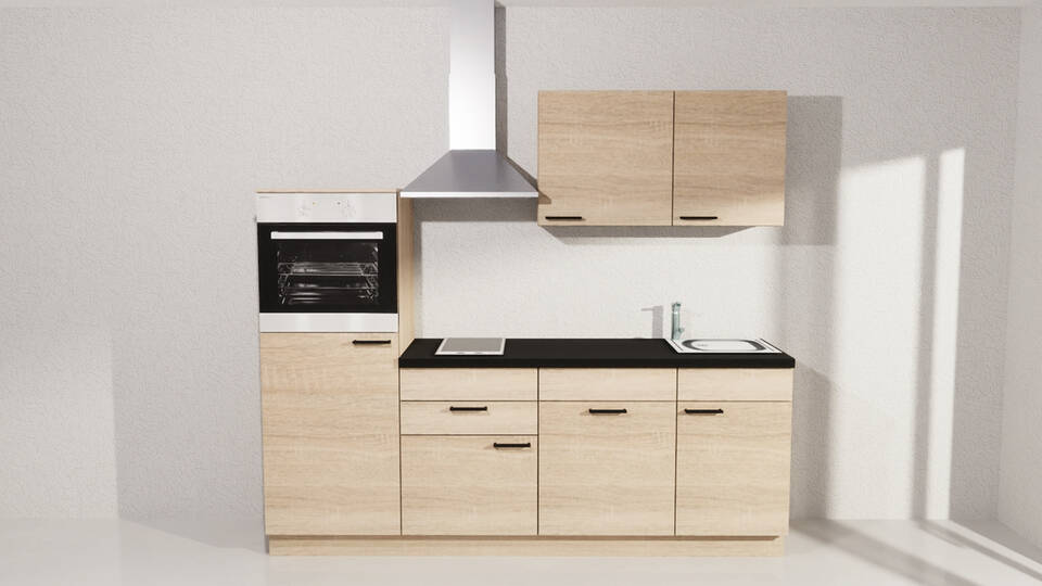 Küchenzeile "EXK1190-4-0" ohne Geräte: Bergeiche - Schwarz Steinstruktur, 230cm