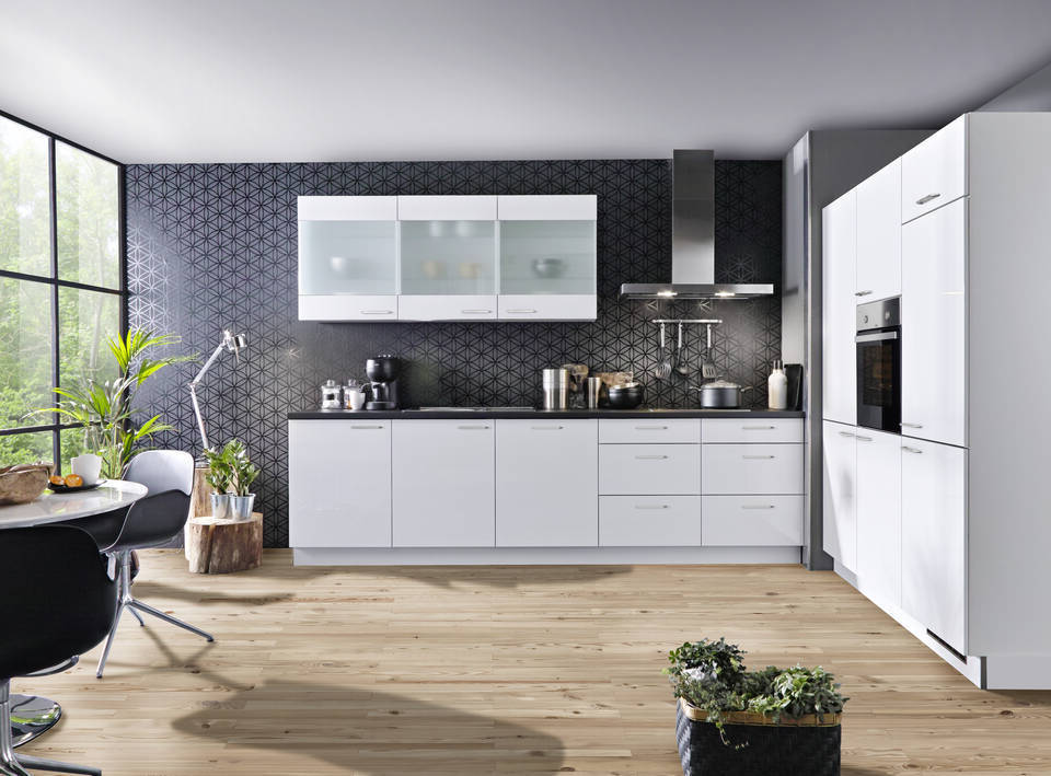 Express Küche ohne Geräte in Weiß Hochglanz & Schwarz: zweizeilig, 300x180 cm, 480 cm, Spüle links | Doppelblock "EXK70-1-0-l" / Bild 1
