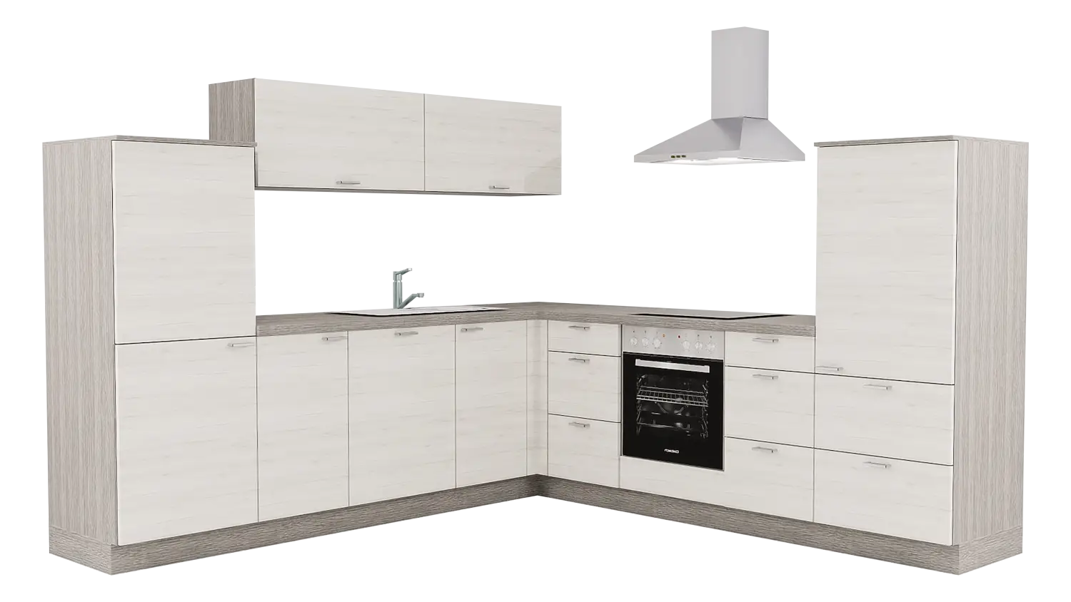 Express L-Küche ohne Geräte in Eiche weiß & Eiche grau: 275x275 cm, 550 cm, Spüle links | Winkelküche "EXK570-1-0-l"