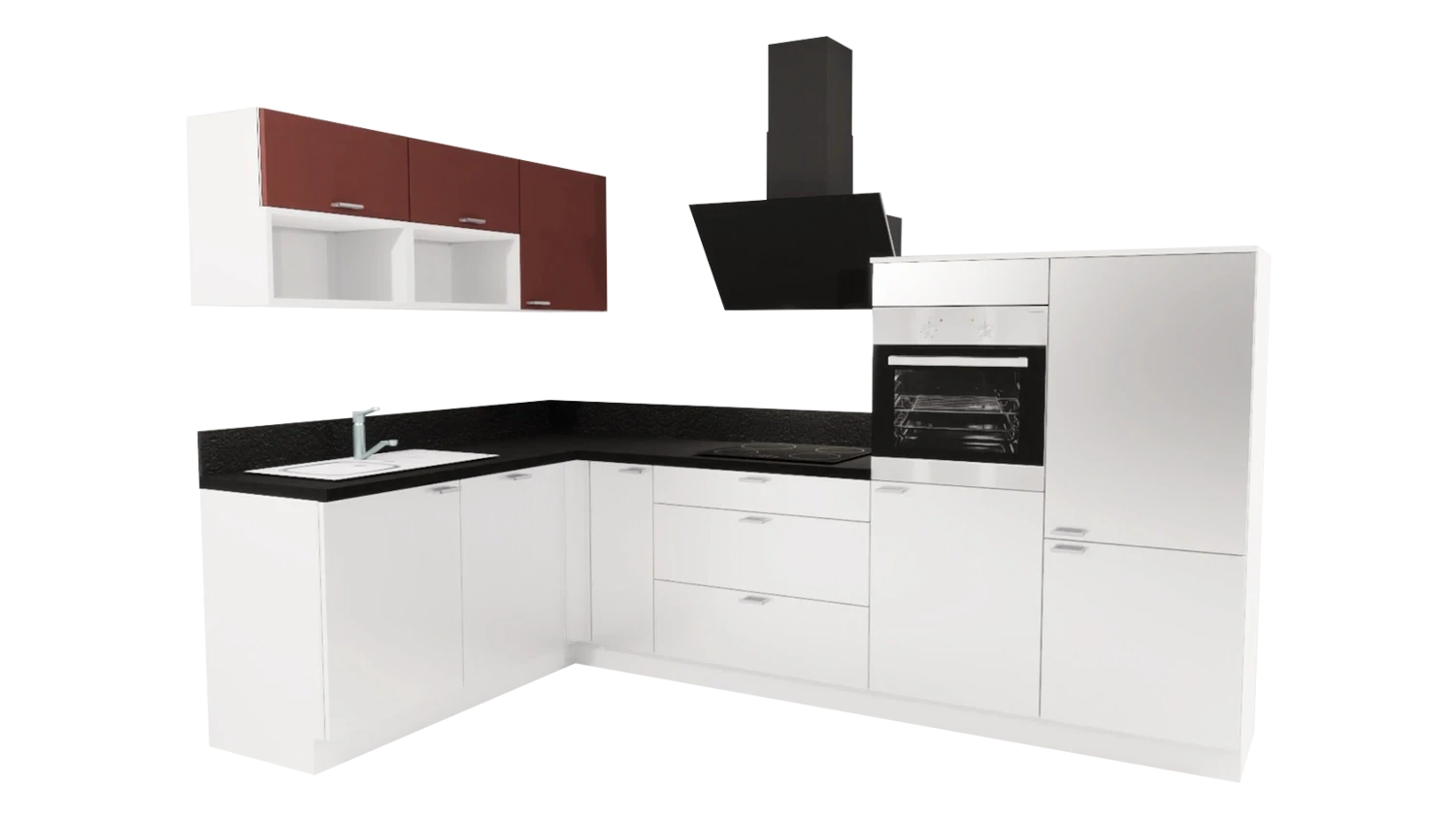 Express L-Küche ohne Geräte in Weiß Hochglanz & Karminrot & Schwarz: 305x185 cm, 490 cm, Spüle links | Winkelküche "EXK160-10-0-l" / Bild 1
