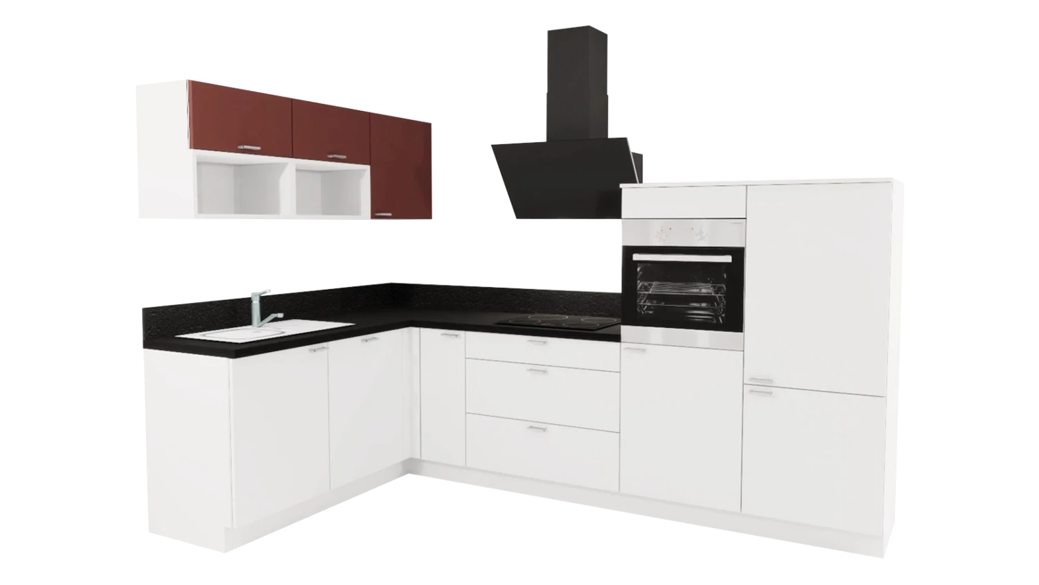 Express L-Küche ohne Geräte in Weiß & Karminrot & Schwarz: 305x185 cm, 490 cm, Spüle links | Winkelküche "EXK160-9-0-l" / Bild 1