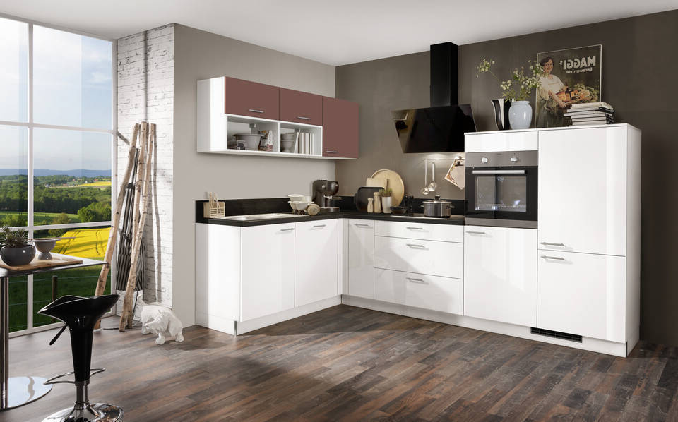 Express L-Küche ohne Geräte in Weiß Hochglanz & Karminrot & Schwarz: 305x185 cm, 490 cm, Spüle links | Winkelküche "EXK160-10-0-l"