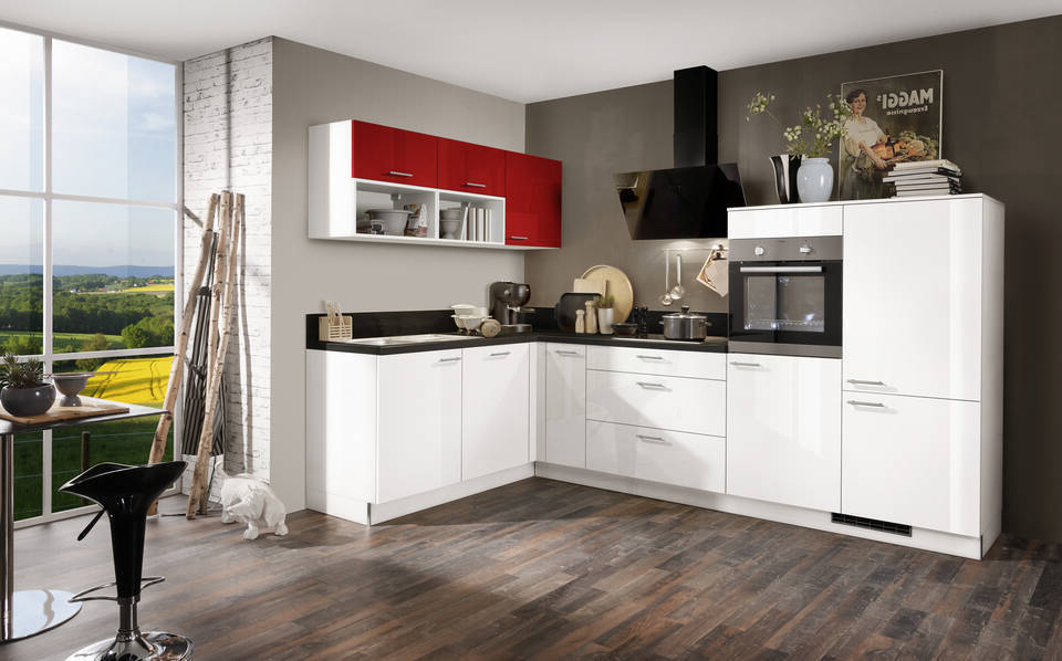 Express L-Küche ohne Geräte in Weiß Hochglanz & Marsrot Hochglanz & Schwarz: 305x185 cm, 490 cm, Spüle links | Winkelküche "EXK160-8-0-l" / Bild 2