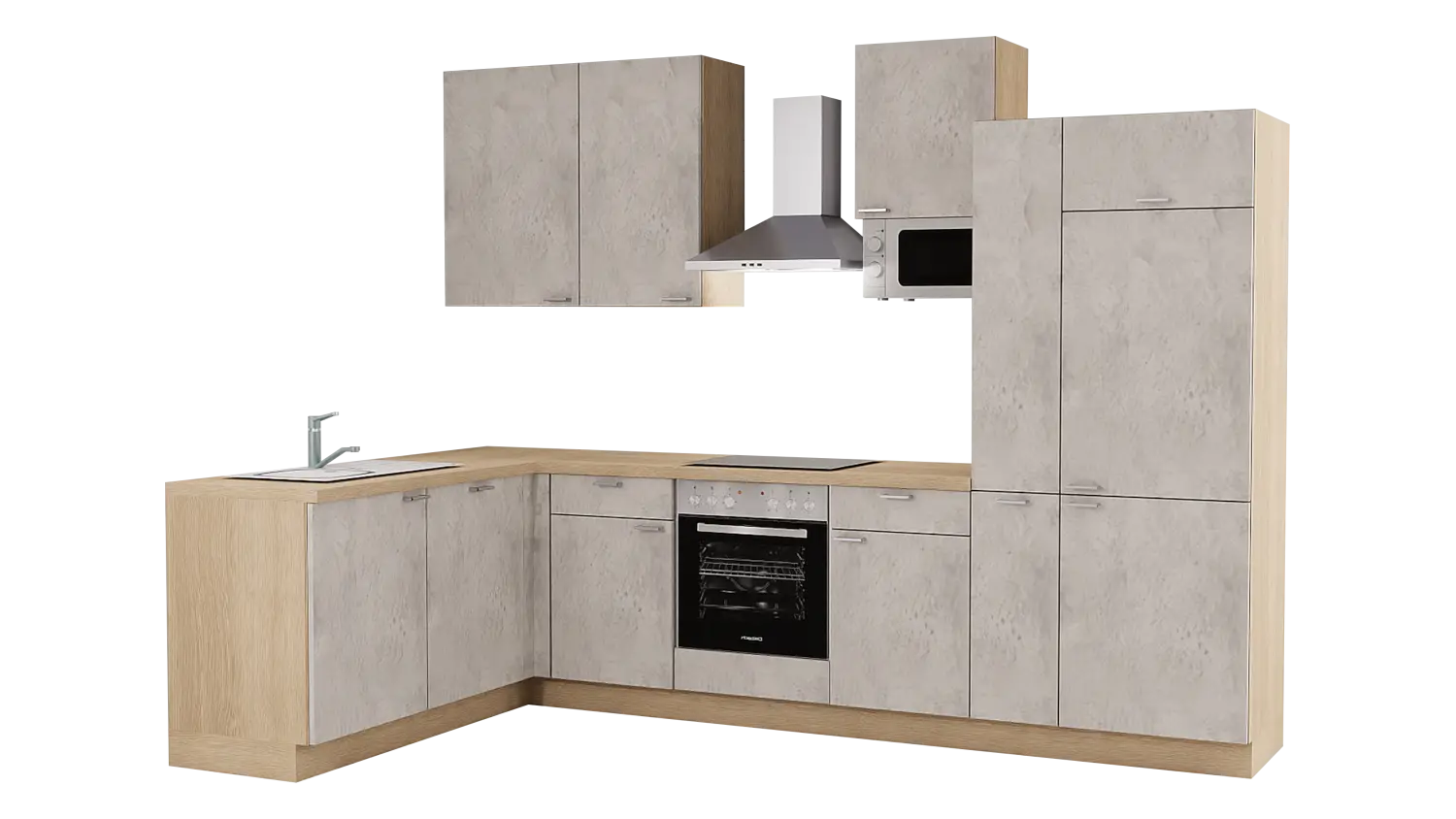 Express L-Küche ohne Geräte in Beton hell & Wildeiche: 315x185 cm, 500 cm, Spüle links | Winkelküche "EXK620-1-0-l"
