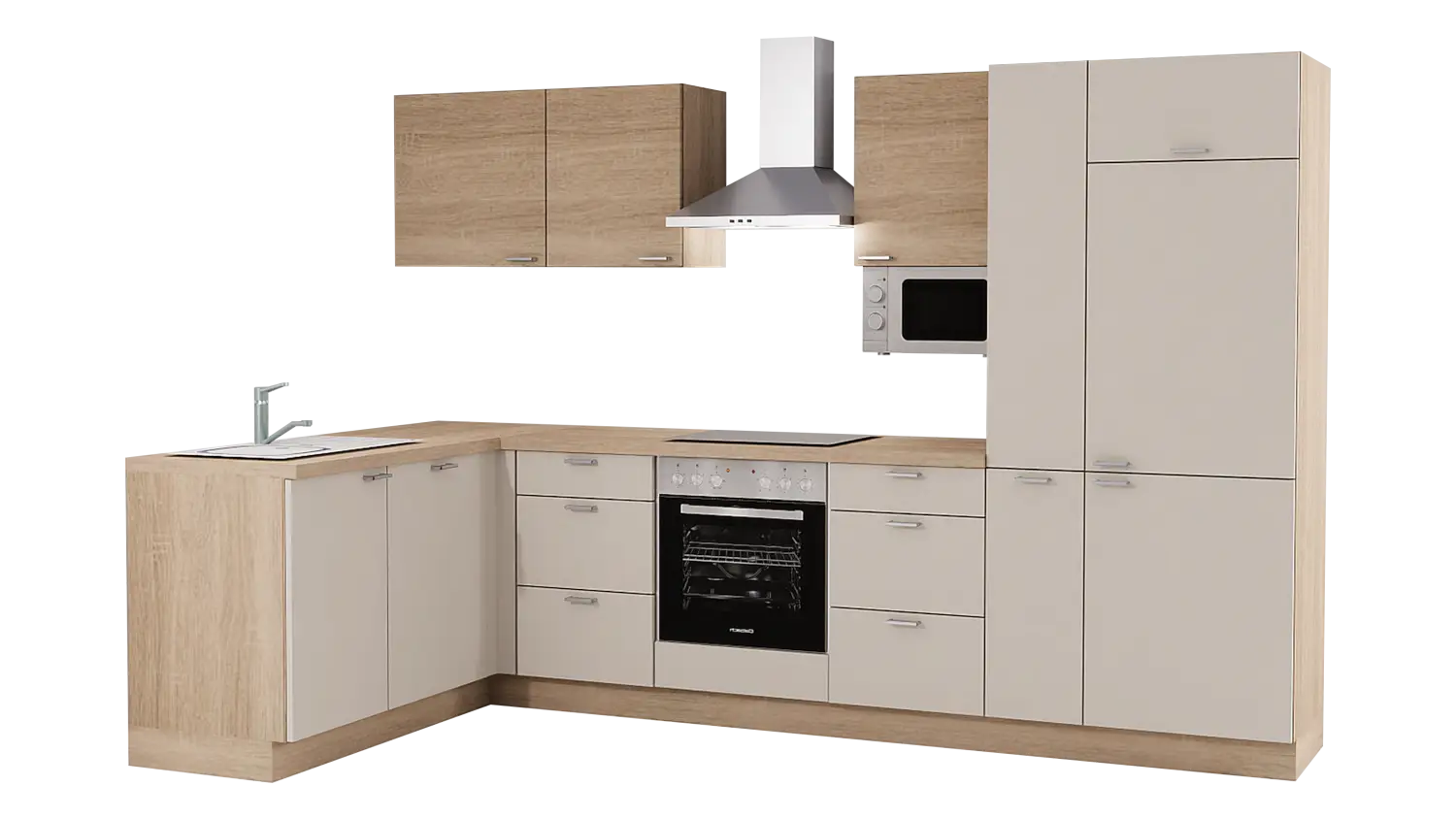 Express L-Küche ohne Geräte in Crema & Bergeiche: 315x175 cm, 490 cm, Spüle links | Winkelküche "EXK640-1-0-l"
