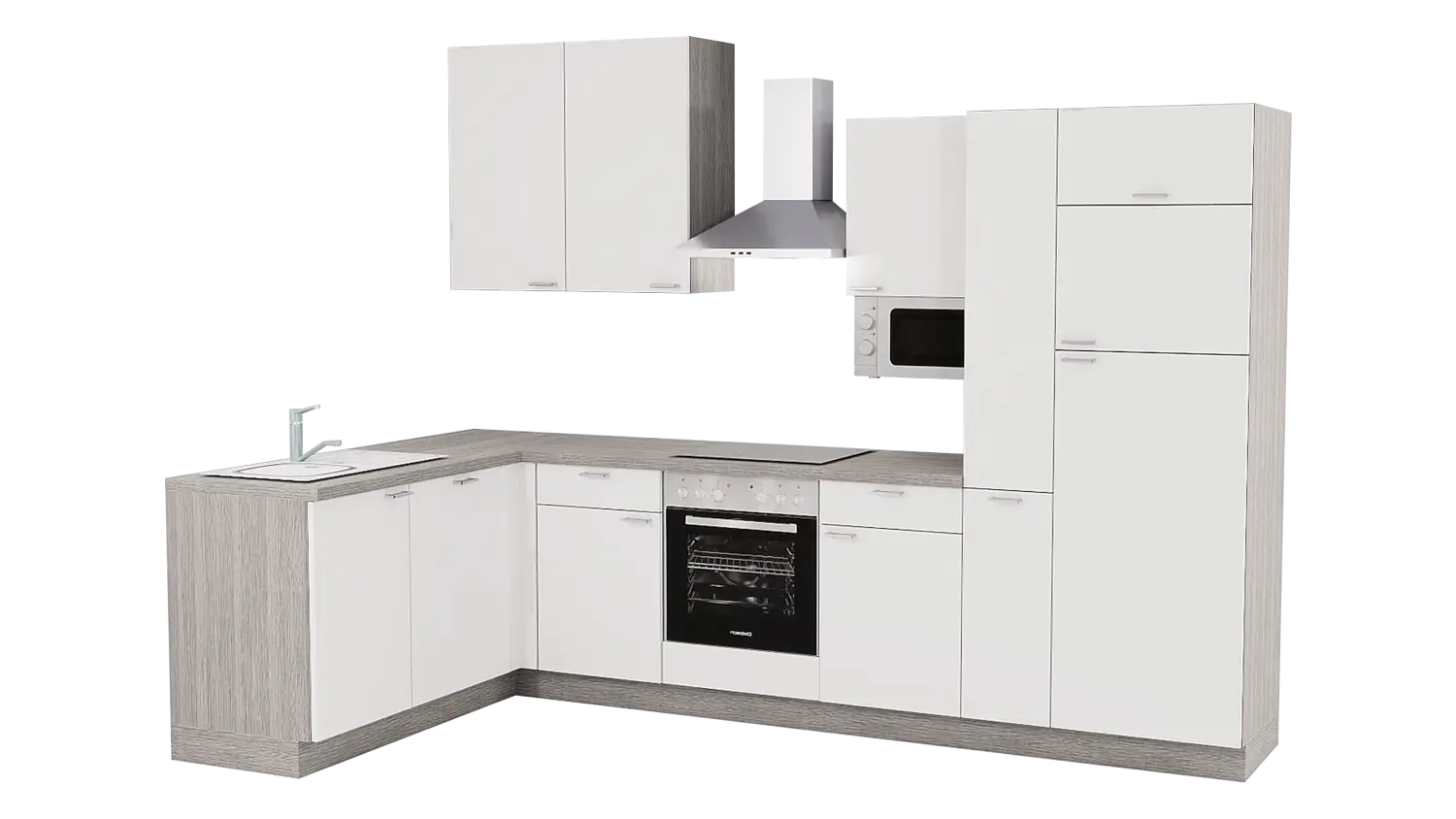 Express L-Küche ohne Geräte in Weiß & Eiche grau: 315x175 cm, 490 cm, Spüle links | Winkelküche "EXK650-1-0-l"