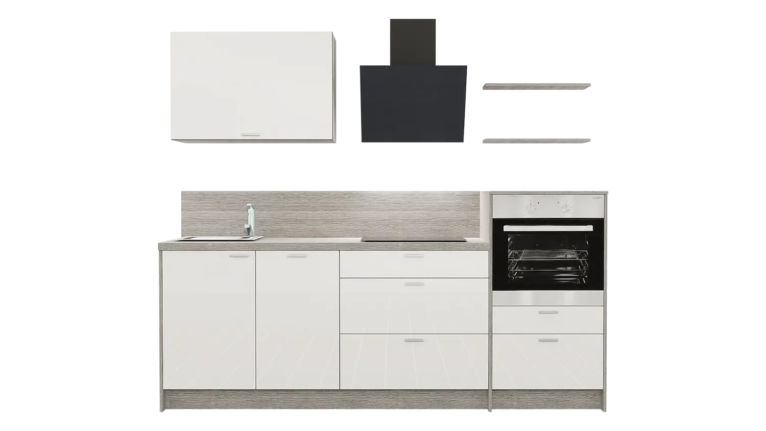 Express Küchenzeile ohne Geräte in Weiß Hochglanz & Eiche grau: 240 cm, Spüle links | Singleküche "EXK260-1-0-l"