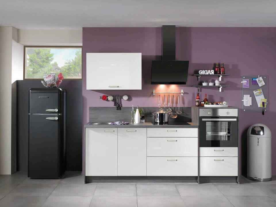Express Küchenzeile ohne Geräte in Weiß Hochglanz & Eiche grau: 240 cm, Spüle links | Singleküche "EXK260-1-0-l" / Bild 2
