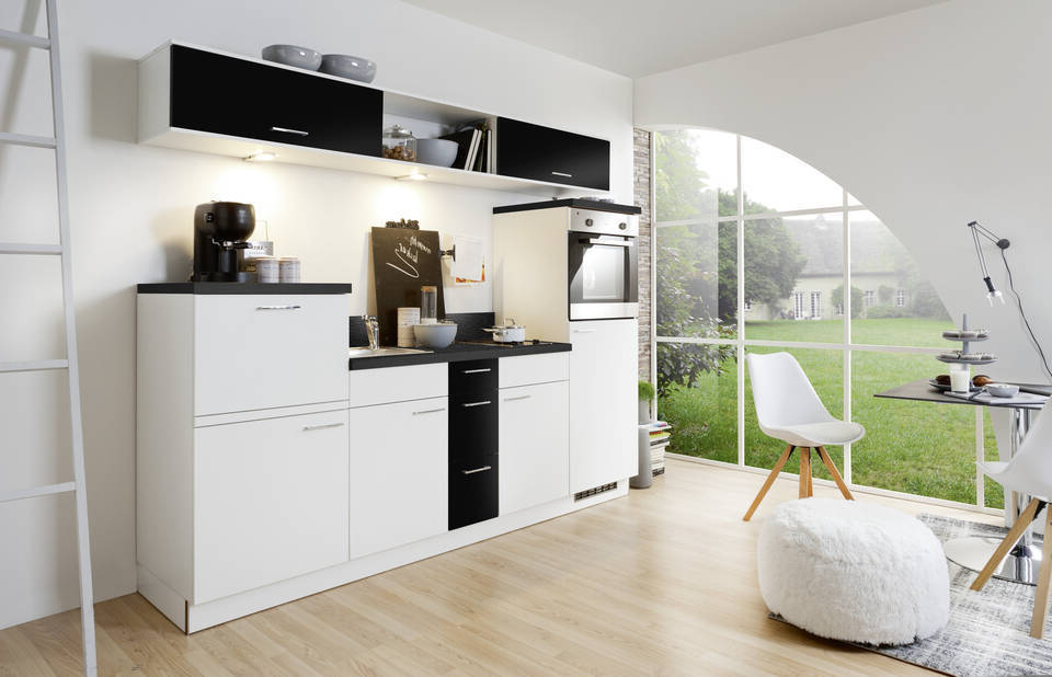 Express Küchenzeile ohne Geräte in Weiß & Schwarz: 250 cm, Spüle links | Singleküche "EXK270-2-0-l" / Bild 1