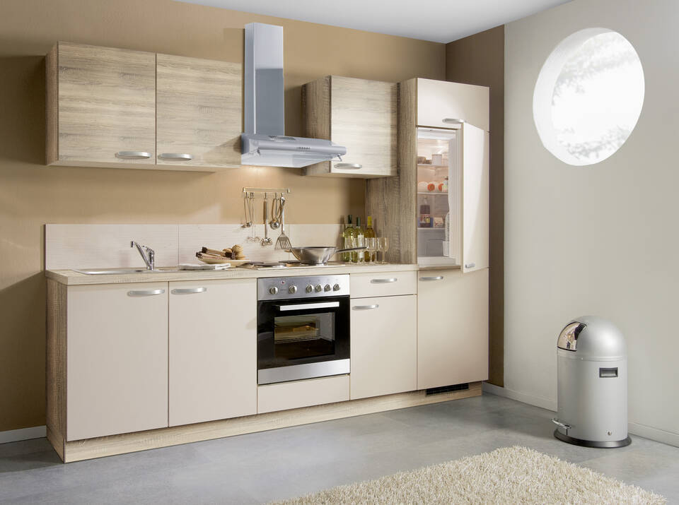 Express Küchenzeile ohne Geräte in Crema & Bergeiche: 270 cm, Spüle links | Singleküche "EXK280-20-0-l"