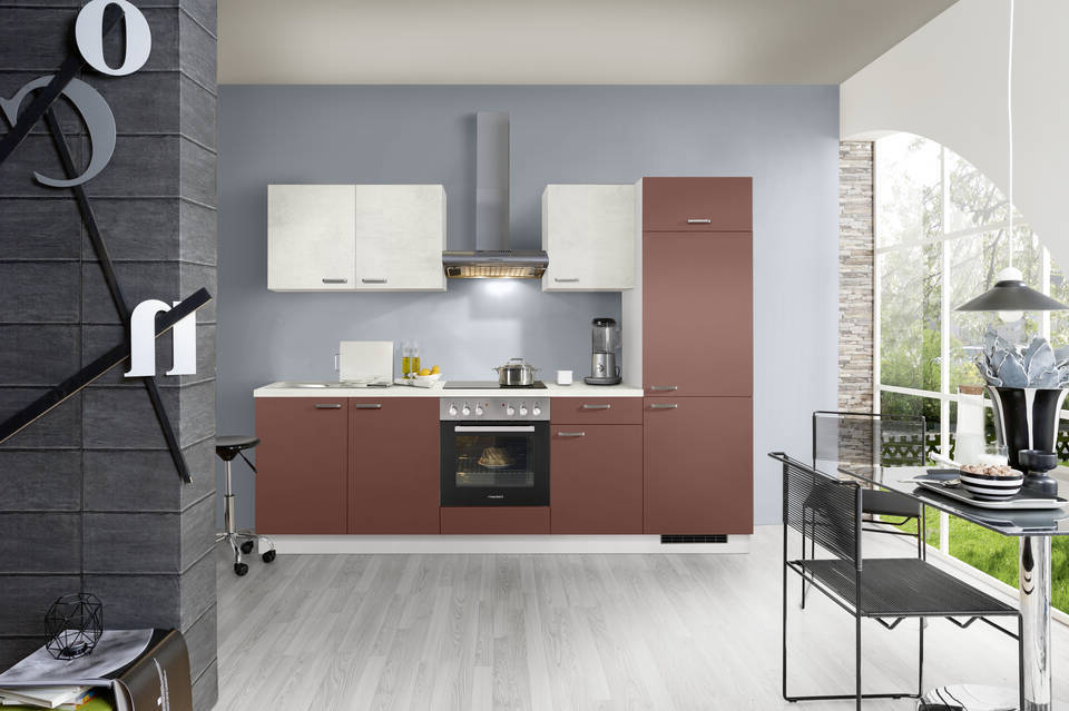 Express Küchenzeile ohne Geräte in Karminrot & Beton steinweiß: 270 cm, Spüle links | Singleküche "EXK280-32-0-l"
