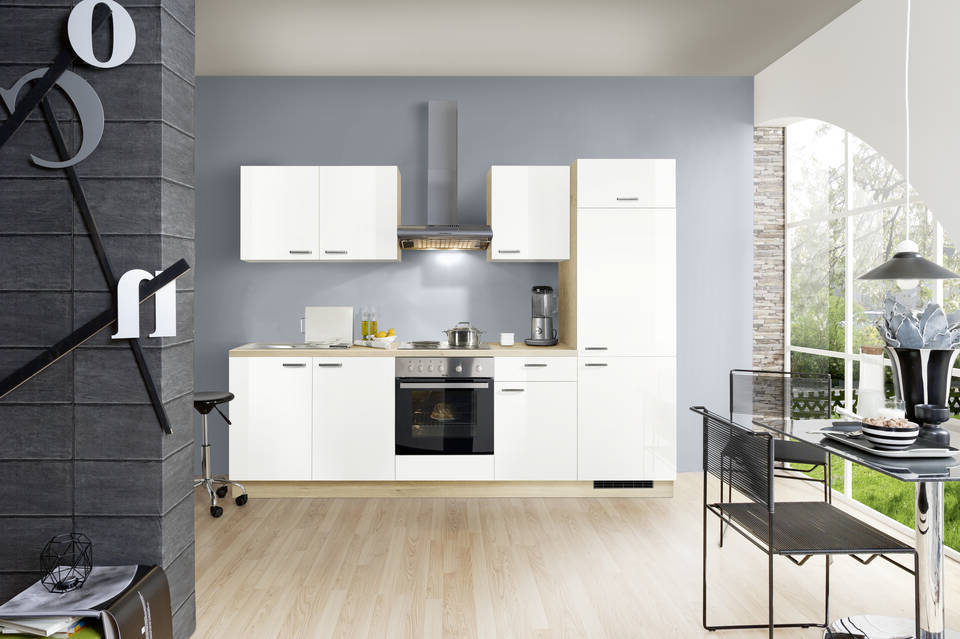 Express Küchenzeile ohne Geräte in Weiß Hochglanz & Wildeiche: 270 cm, Spüle links | Singleküche "EXK280-23-0-l"