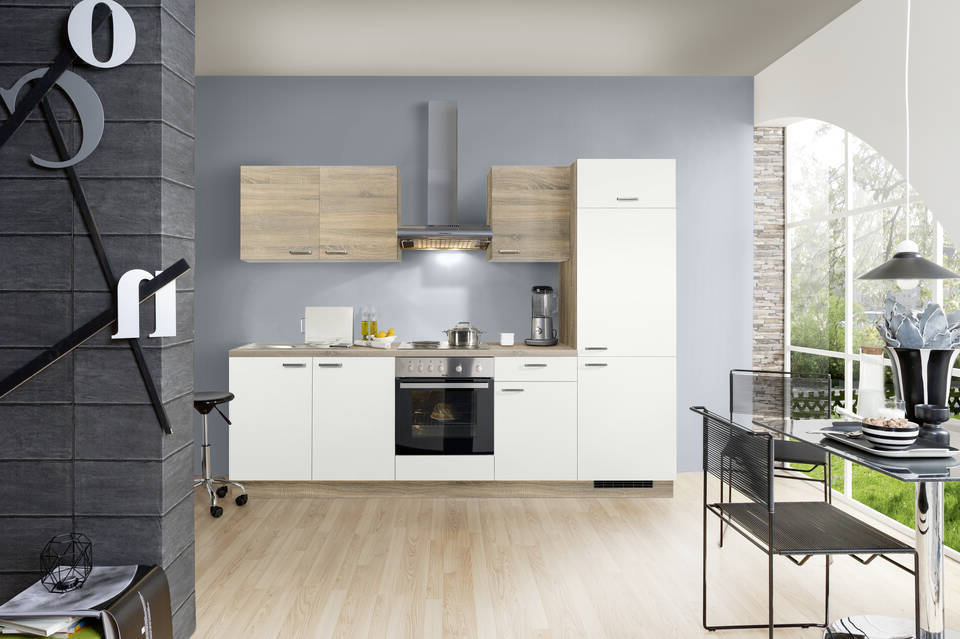 Express Küchenzeile ohne Geräte in Weiß & Bergeiche: 270 cm, Spüle links | Singleküche "EXK280-16-0"