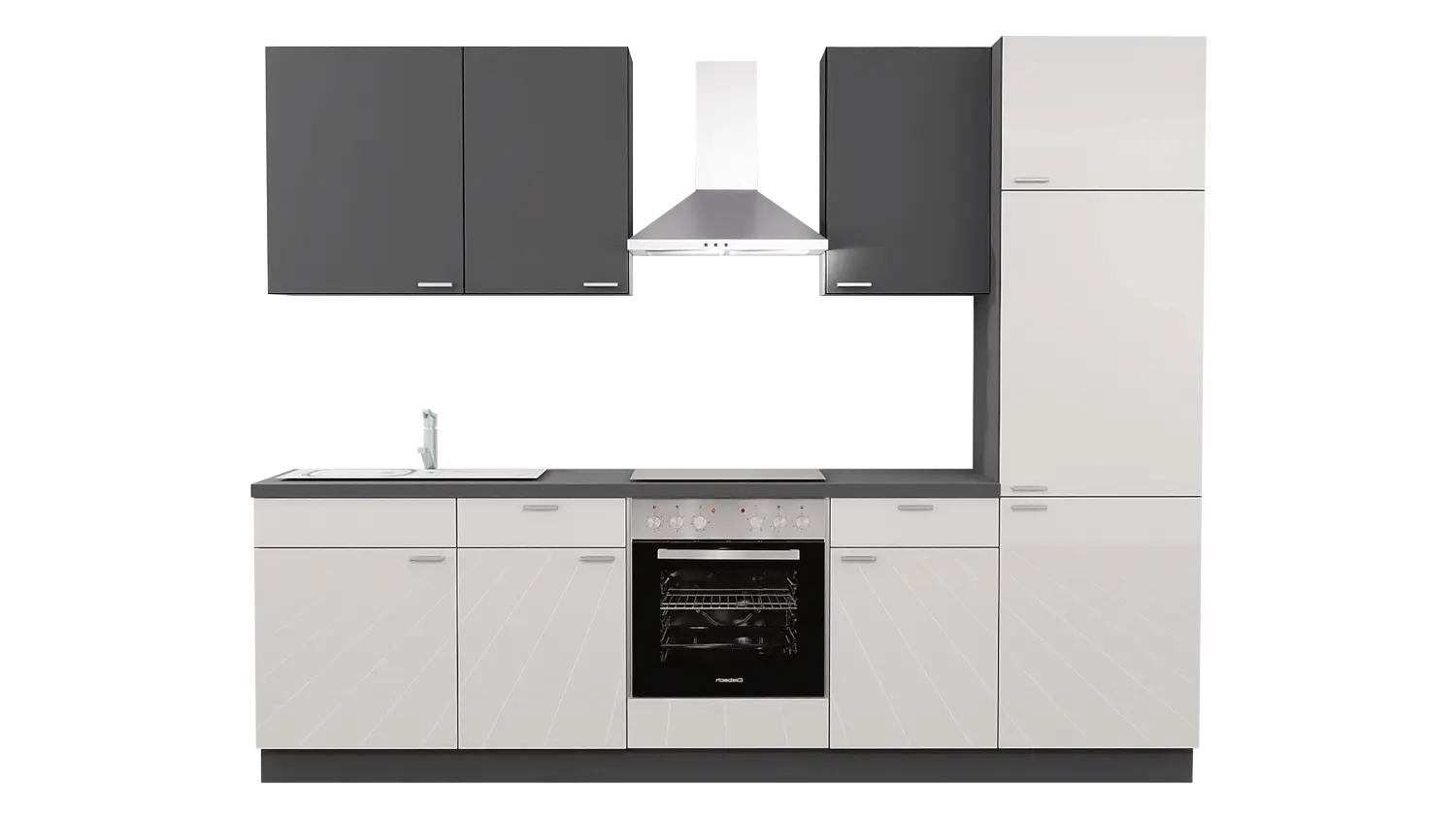 Express Küchenzeile ohne Geräte in Weiß Hochglanz & Anthrazit: 280 cm, Spüle links | Singleküche "EXK310-7-0-l"