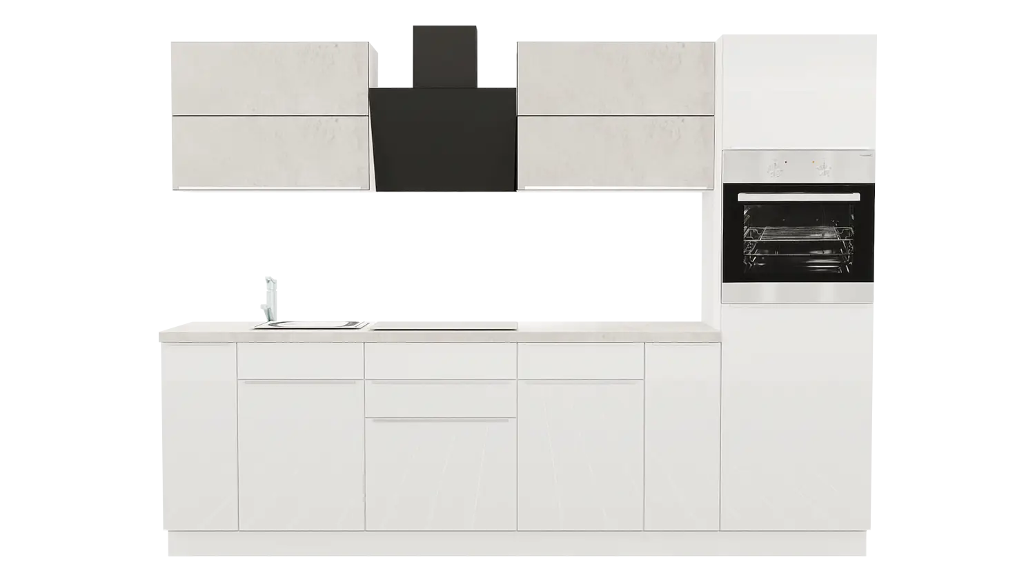 Express Küchenzeile ohne Geräte in Weiß Hochglanz & Beton hell: 280 cm, Spüle links | Singleküche "EXK320-1-0-l"