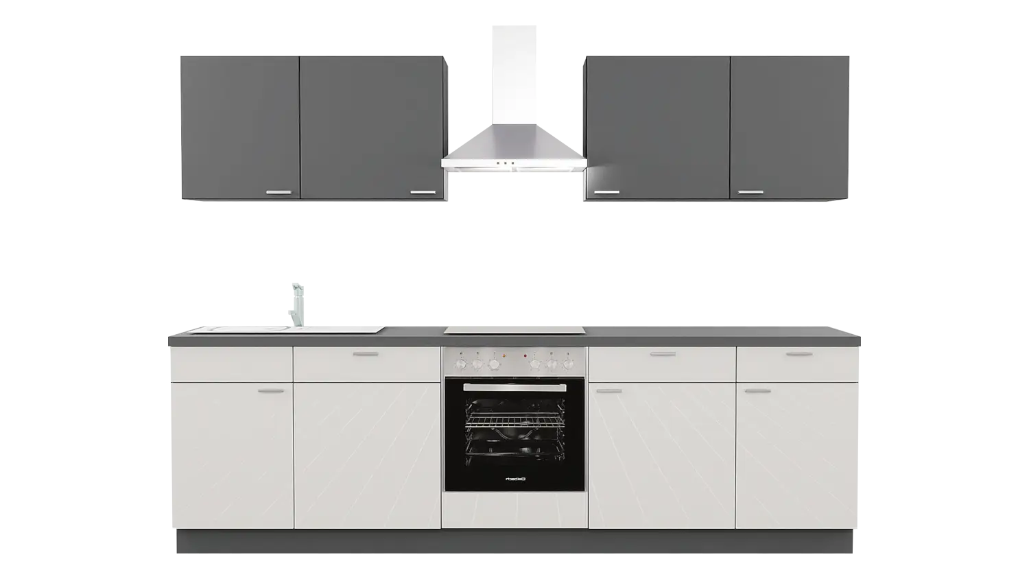 Express Küchenzeile ohne Geräte in Weiß Hochglanz & Anthrazit: 280 cm, Spüle links | Singleküche "EXK330-5-0-l"