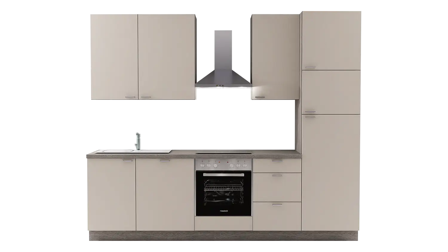 Express Küchenzeile ohne Geräte in Crema & Eiche grau: 280 cm, Spüle links | Singleküche "EXK340-4-0-l"