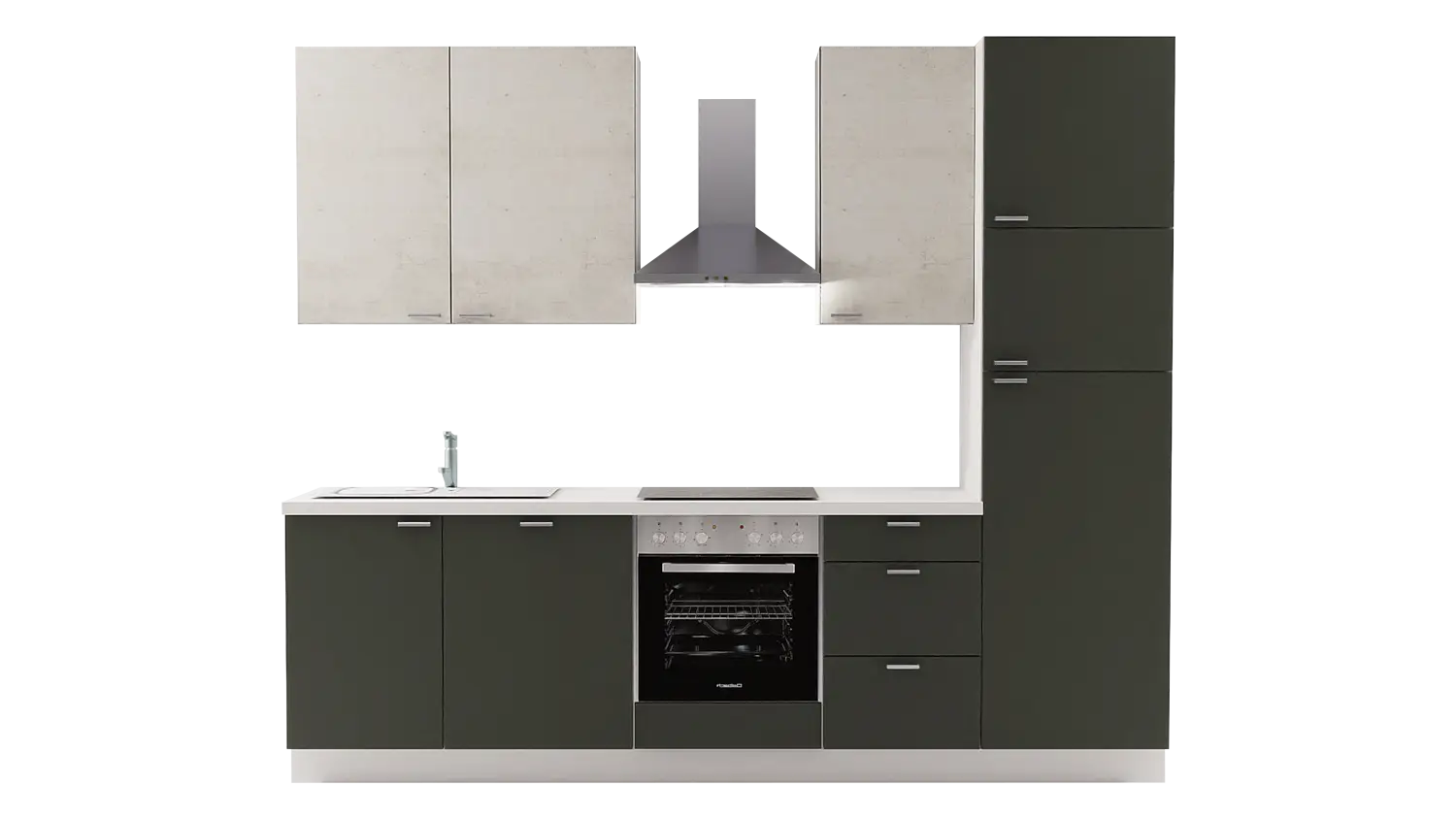 Express Küchenzeile ohne Geräte in Dunkelgrün & Beton steinweiß: 280 cm, Spüle links | Singleküche "EXK340-9-0-l"