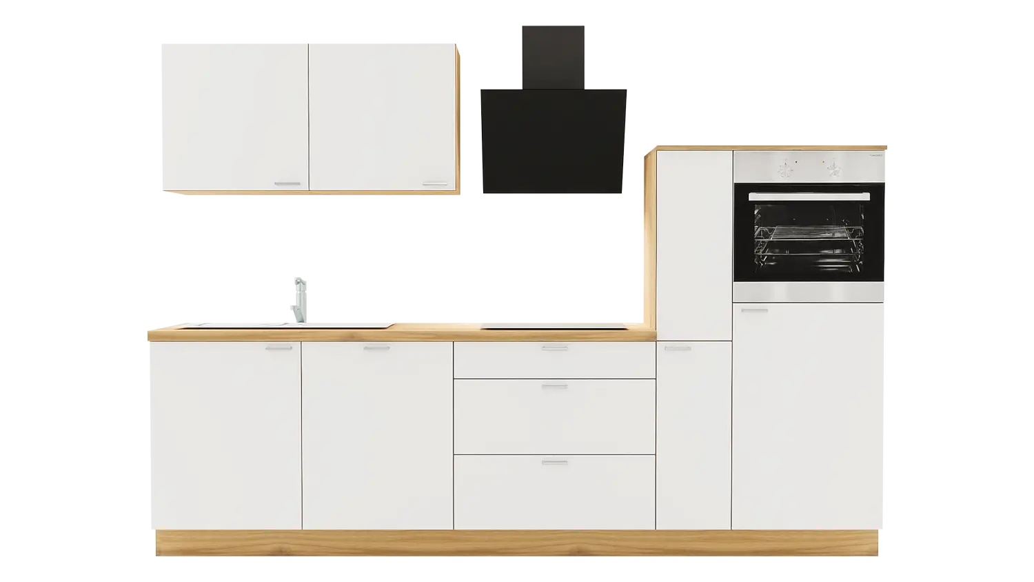Express Küchenzeile ohne Geräte in Weiß & Eiche astig: 290 cm, Spüle links | Singleküche "EXK370-3-0-l"