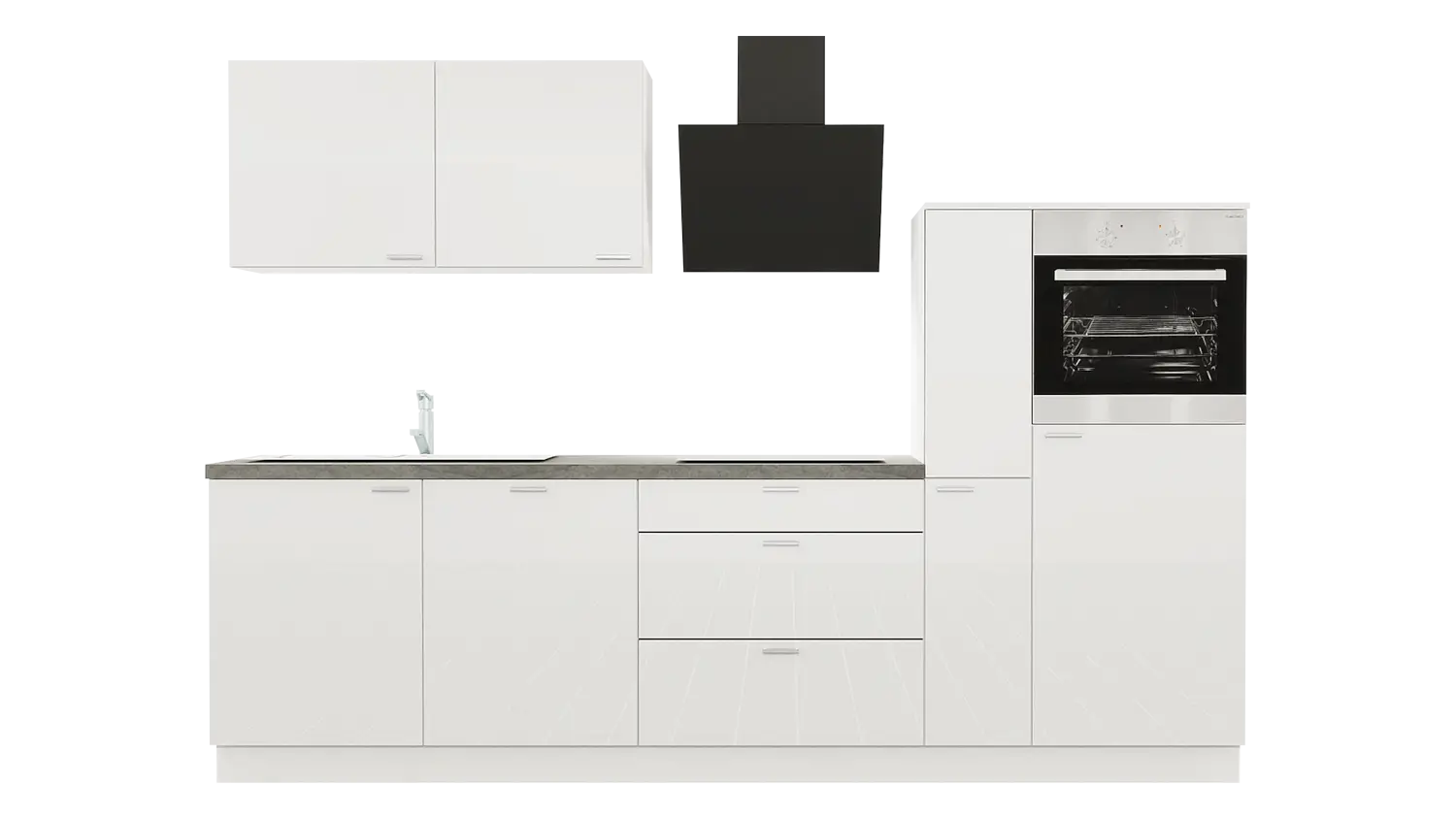 Express Küchenzeile ohne Geräte in Weiß Hochglanz & Lavagrau: 290 cm, Spüle links | Singleküche "EXK370-2-0-l"