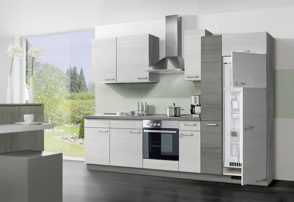 Express Küchenzeile ohne Geräte in Eiche weiß & Eiche grau: 300 cm, Spüle links | Küchenblock "EXK400-2-0"