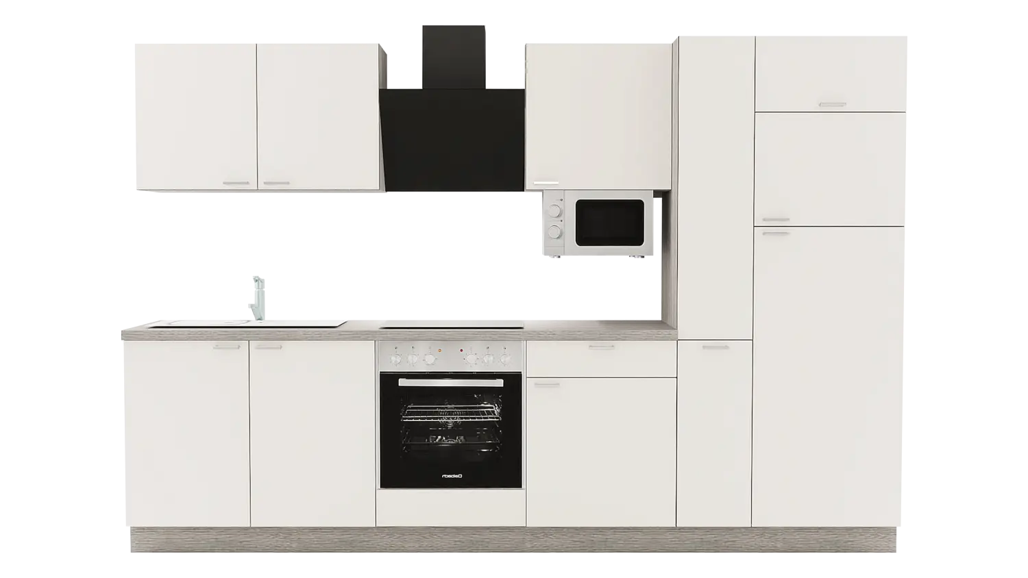 Express Küchenzeile ohne Geräte in Magnolia & Eiche grau: 310 cm, Spüle links | Küchenblock "EXK420-1-0-l"
