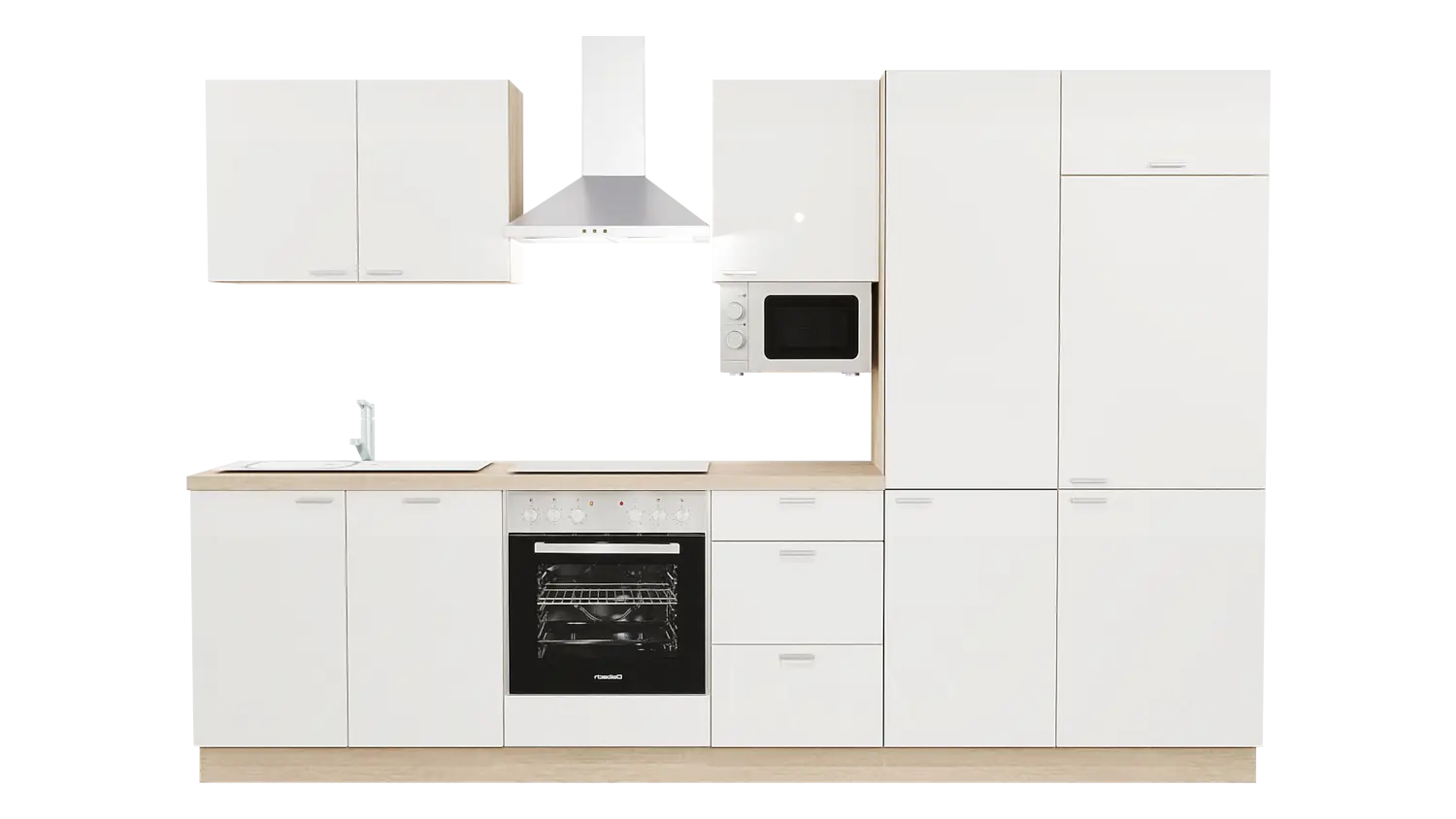 Express Küchenzeile ohne Geräte in Weiß Hochglanz & Bergeiche: 310 cm, Spüle links | Küchenblock "EXK430-3-0-l"