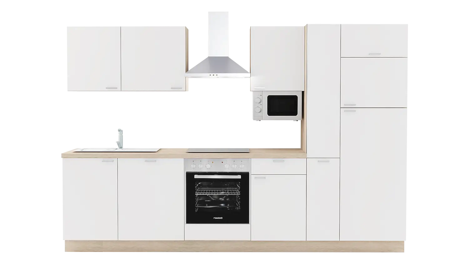 Express Küchenzeile ohne Geräte in Weiß & Bergeiche: 310 cm, Spüle links | Küchenblock "EXK440-1-0-l"