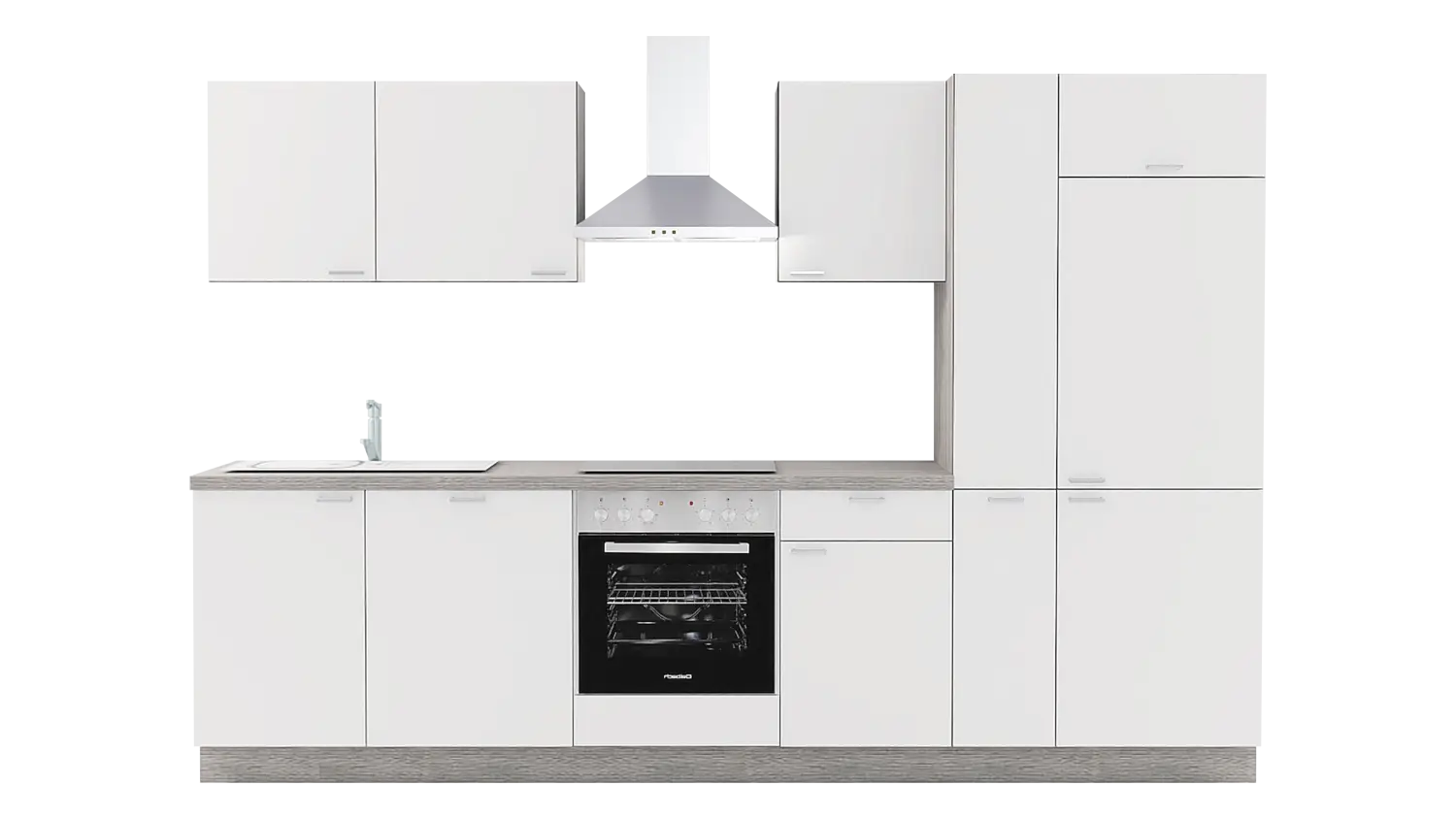 Express Küchenzeile ohne Geräte in Weiß & Eiche grau: 310 cm, Spüle links | Küchenblock "EXK450-4-0-l"