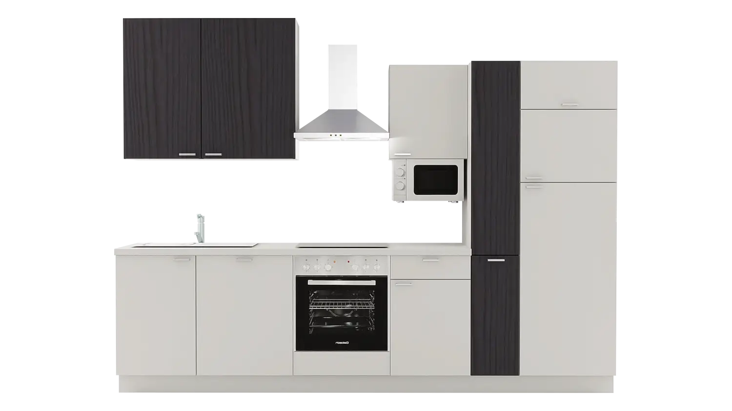 Express Küchenzeile ohne Geräte in Hellgrau & Esche schwarz: 310 cm, Spüle links | Küchenblock "EXK470-2-0-l" / Bild 1