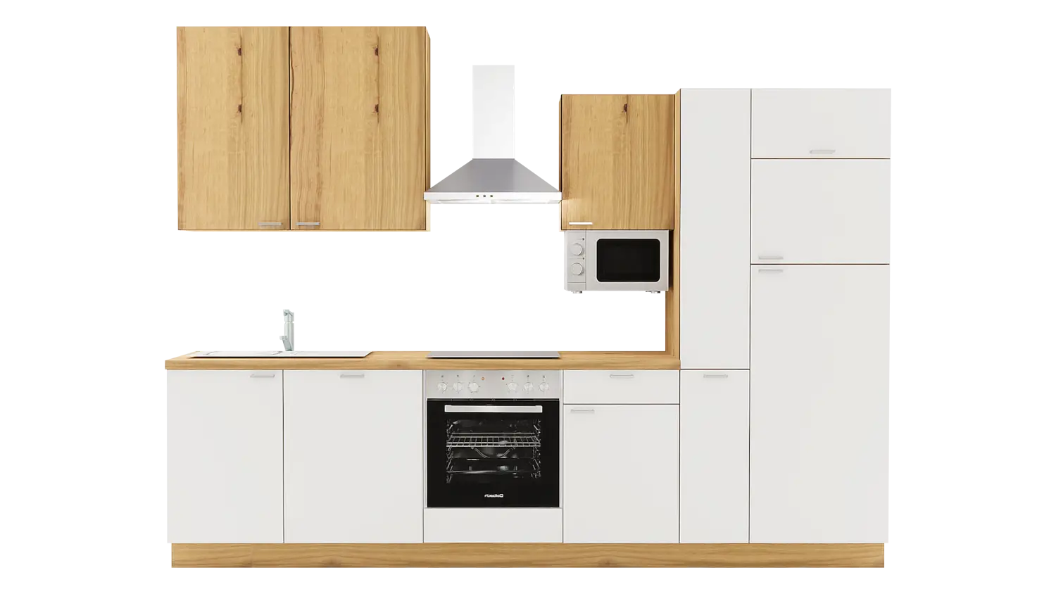 Express Küchenzeile ohne Geräte in Weiß & Eiche astig: 310 cm, Spüle links | Küchenblock "EXK470-3-0-l" / Bild 1