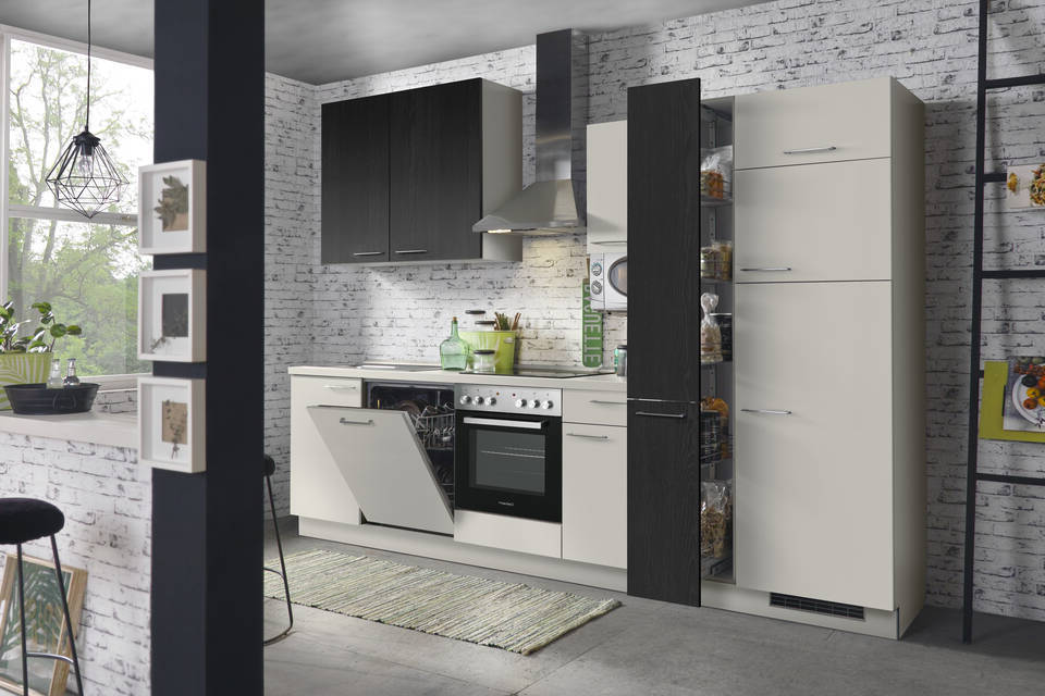 Express Küchenzeile ohne Geräte in Hellgrau & Esche schwarz: 310 cm, Spüle links | Küchenblock "EXK470-2-0"
