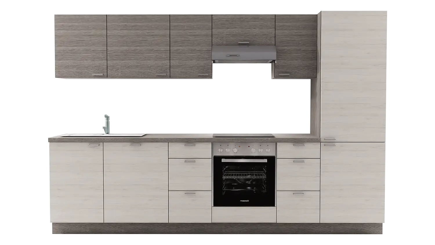 Express Küchenzeile ohne Geräte in Eiche weiß & Eiche grau: 310 cm, Spüle links | Küchenblock "EXK480-1-0-l"