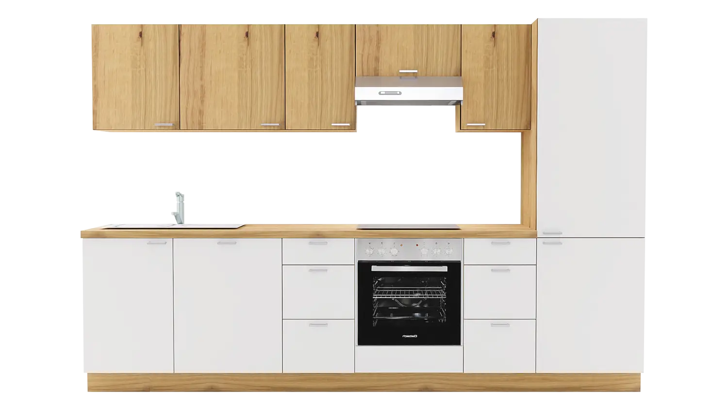 Express Küchenzeile ohne Geräte in Weiß & Eiche astig: 310 cm, Spüle links | Küchenblock "EXK480-5-0-l"