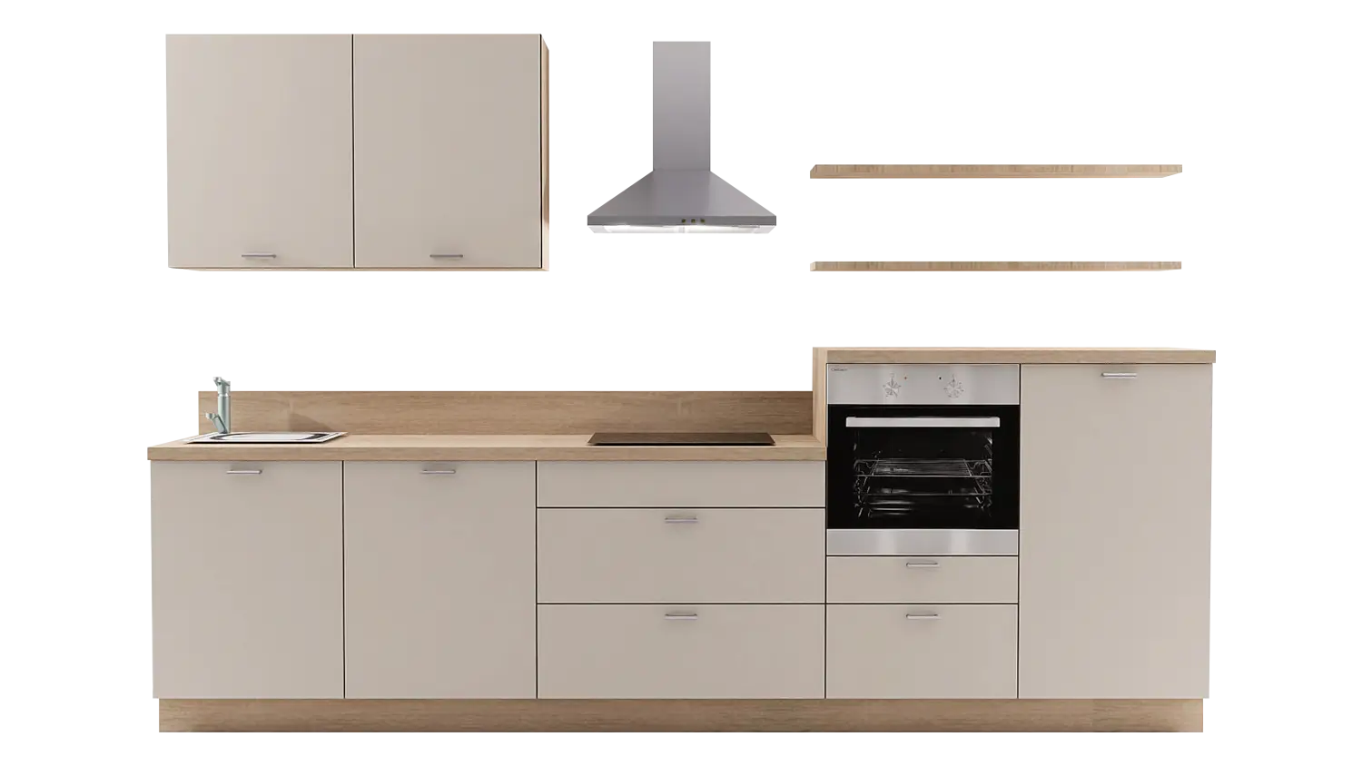 Express Küchenzeile ohne Geräte in Crema & Bergeiche: 330 cm, Spüle links | Küchenblock "EXK490-1-0-l"