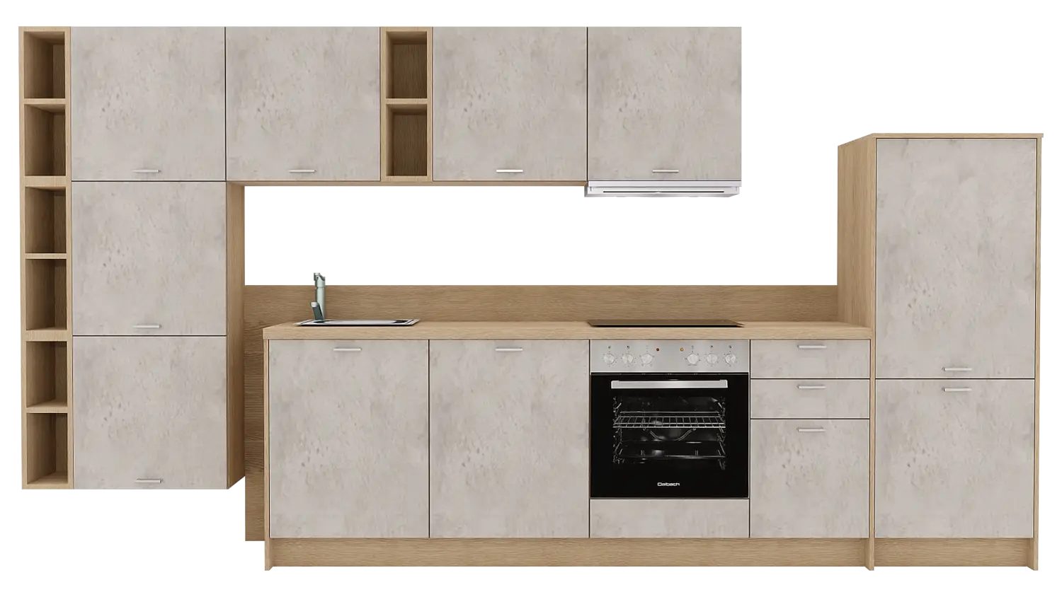 Express Küchenzeile ohne Geräte in Beton hell & Wildeiche: 389 cm, Spüle links | Küchenblock "EXK550-1-0-l"