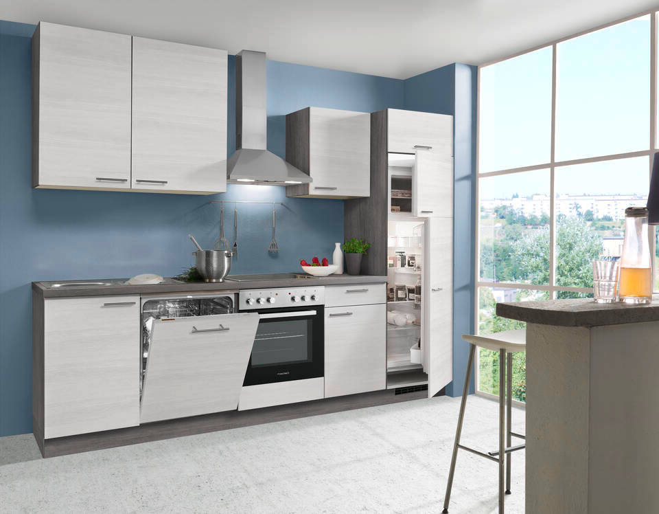 Express Küchenzeile ohne Geräte in Eiche weiß & Eiche grau: 280 cm, Spüle links | Singleküche "EXK660-6-0-l"